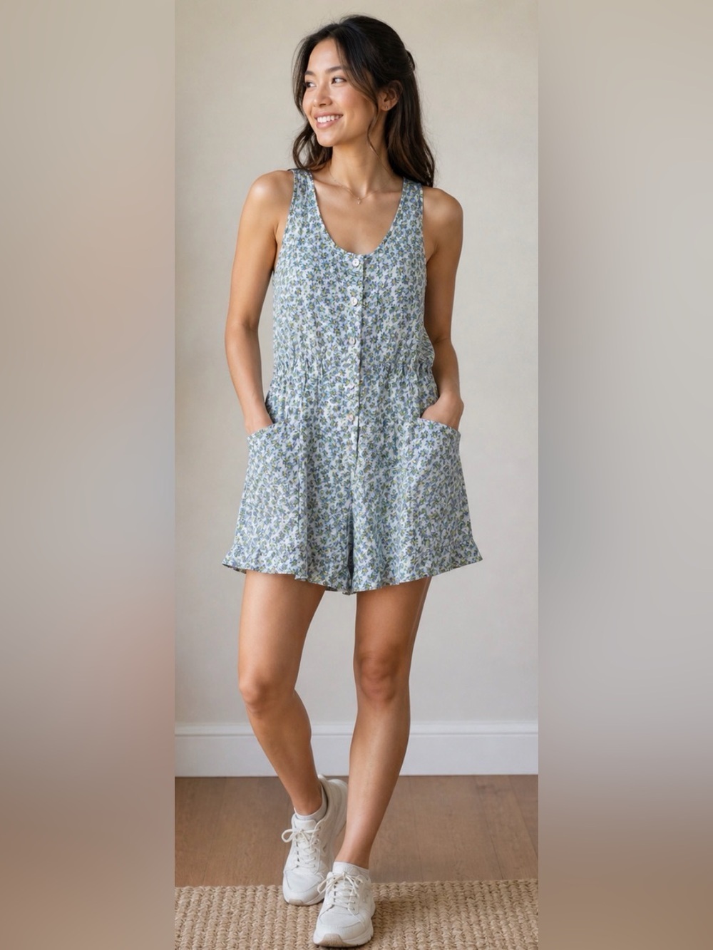 EUC Vintage Y2K 90s Women’s Light Blue Floral Button-Front Shorts Romper